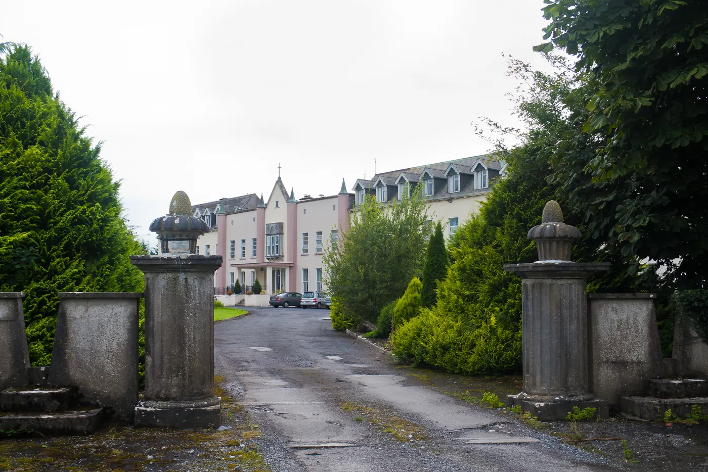 Ferbane Nursing Home, Co. Offaly, viewed up the driveway between the stone gate pillars