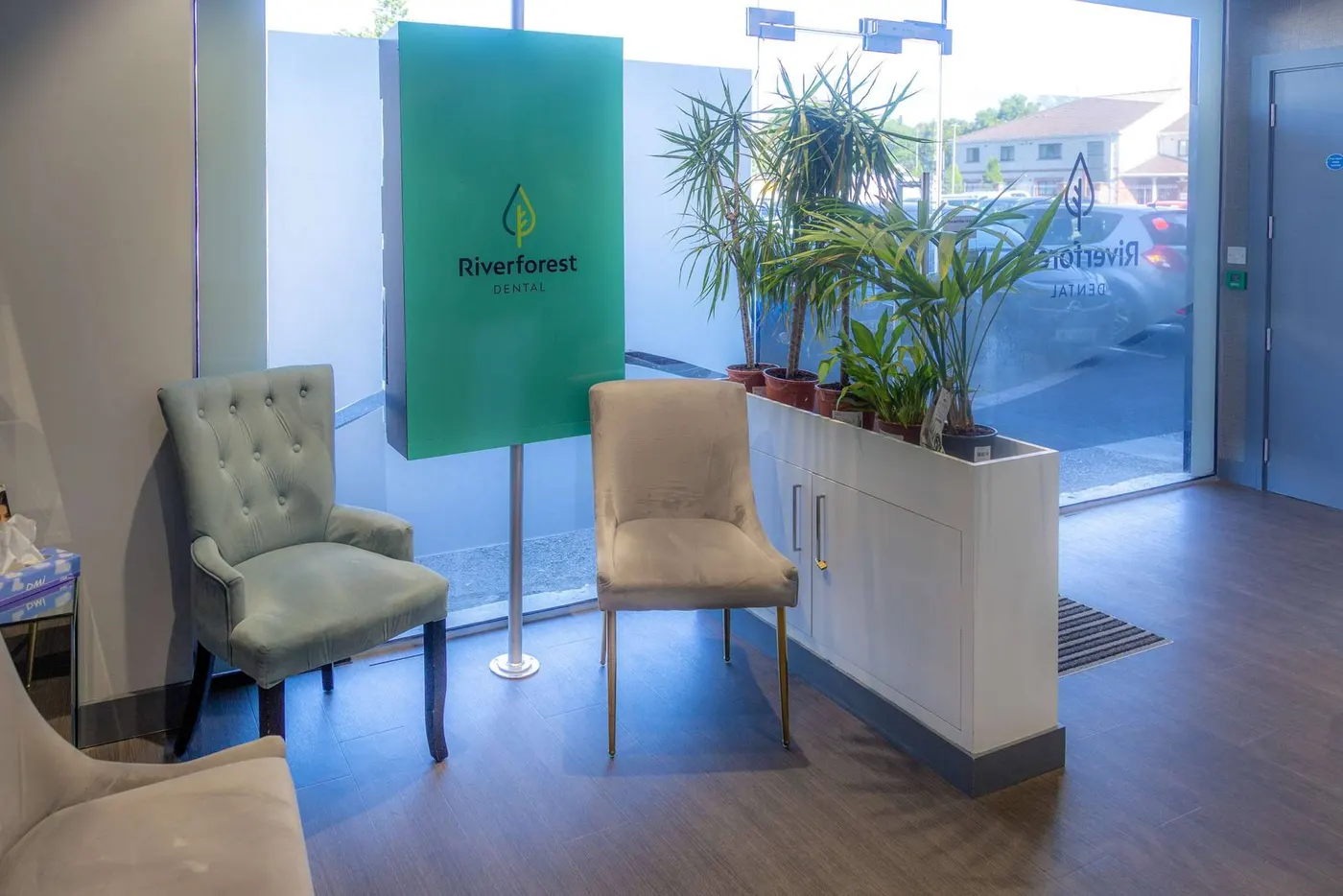 Riverforest Dental, Leixlip, Co. Kildare: Riverforest Dental waiting area with velvet chairs, a green branded sign, potted plants and the glass entrance door.